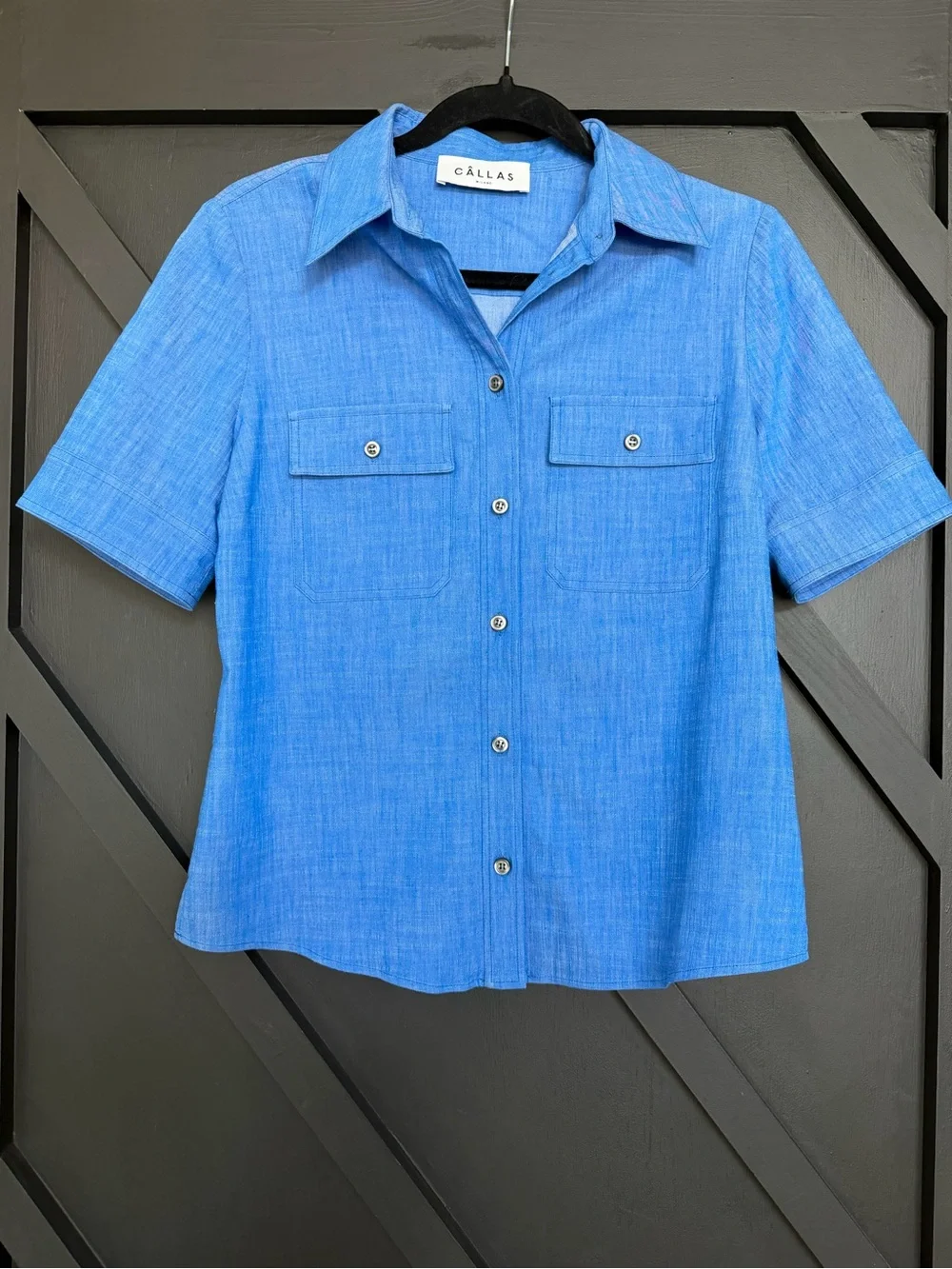 Callas Milano Vesper Short Sleeve Shirt in Bright Indigo, Size 40 (US 4, Small)